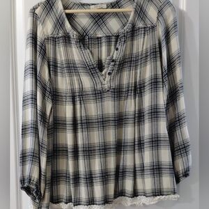 Style & Co. Black and Cream Plaid Lace-Trim Henley Blouse